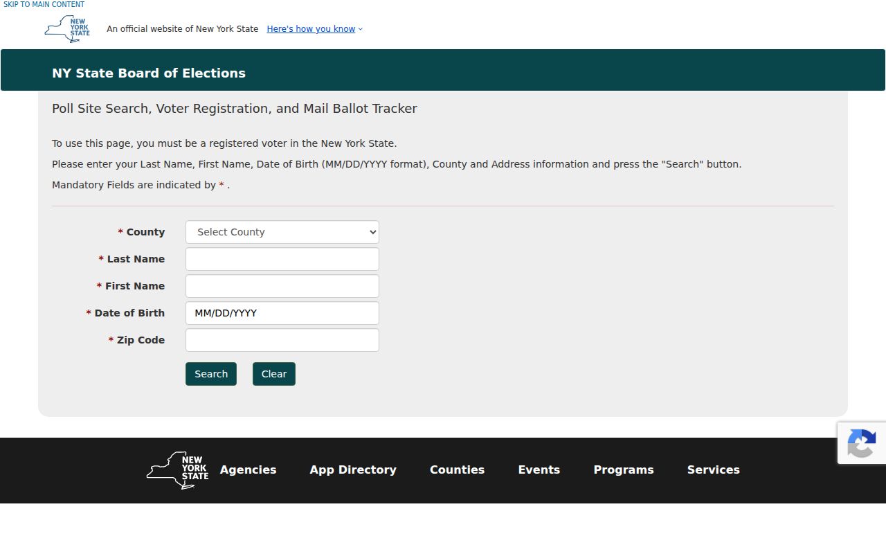 Lockport resident lookup New York voter registration form with county and ZIP fields